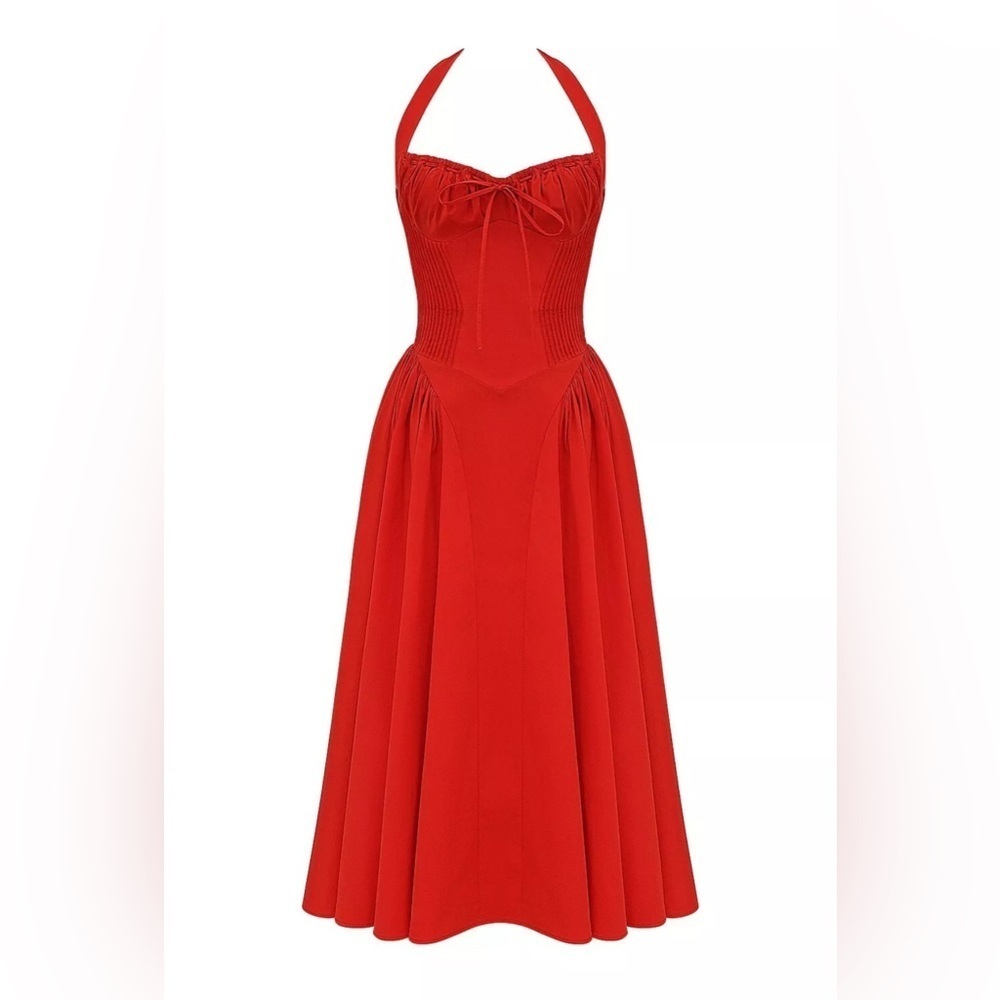 HOUSE OF CB Adabella Italian Tomato Cotton HalterSundress/Size XS - Picture 3 of 8